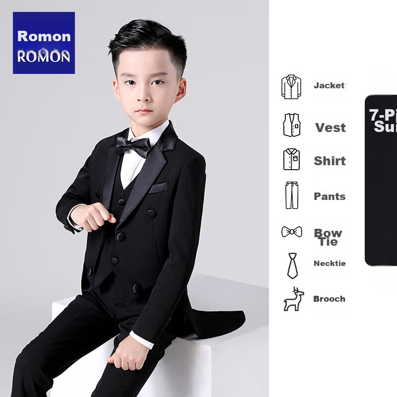 Luomeng Boys' Formal Suit Set, Little Host Piano Performance Outfit, Flower Boy Tailcoat, Black, Size 110