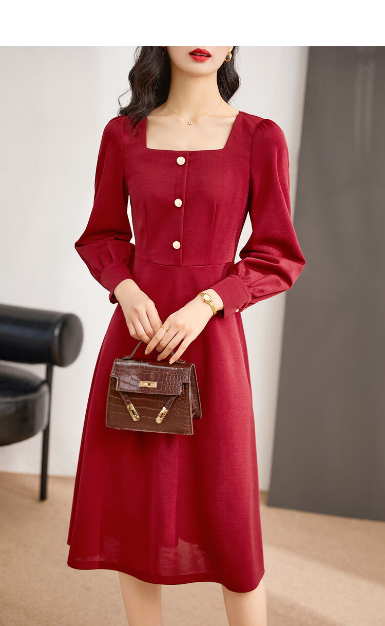 Shangdu Bila New Year Red French Style Dress for Women Spring Autumn Mid-Length Elegant Goddess Waist-Slimming Petite Dress 15