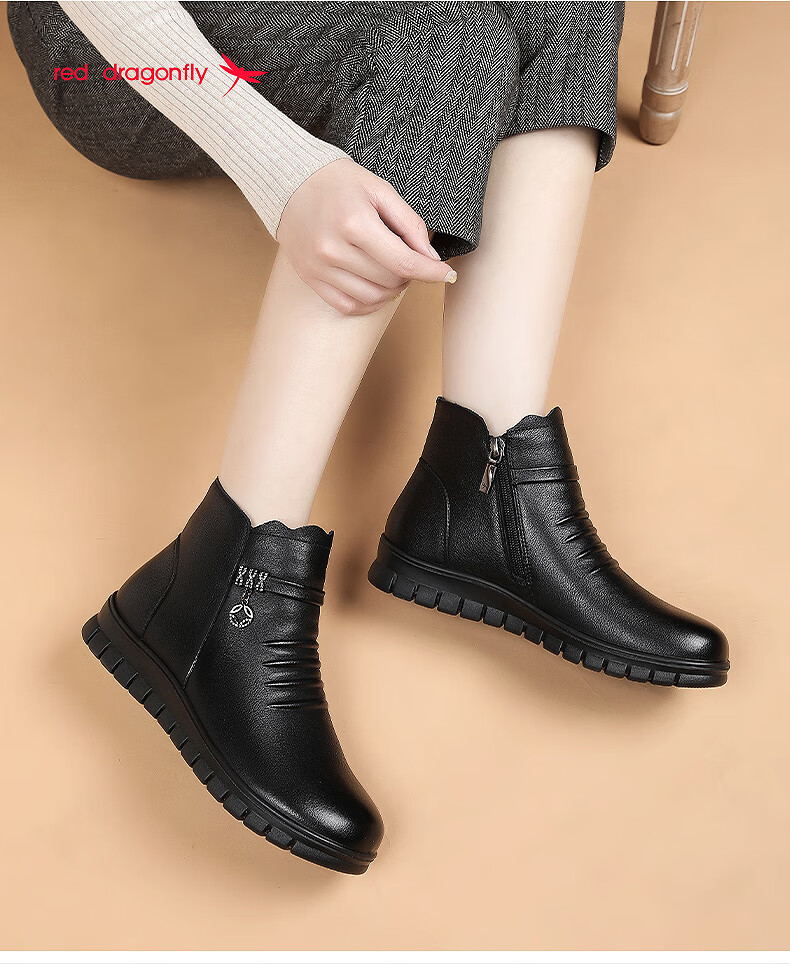 RED DRAGONFLY Women's Short Boots with Fleece Lining, Warm Snow Boots, Middle-Aged And Elderly Cotton Leather Shoes, Flat Cowhide Cotton Shoes WTC428791 Black Size 36 3