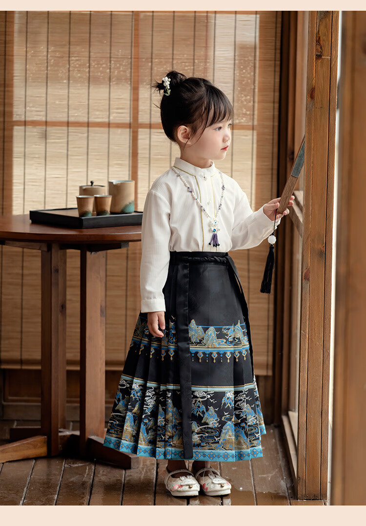 Menghu Jiangshan Hanfu Girls' Spring And Autumn Ancient Costume Children's Chinese Style Boys' Ming Dynasty Horse-Face Skirt Set Black Skirt Size 90 24