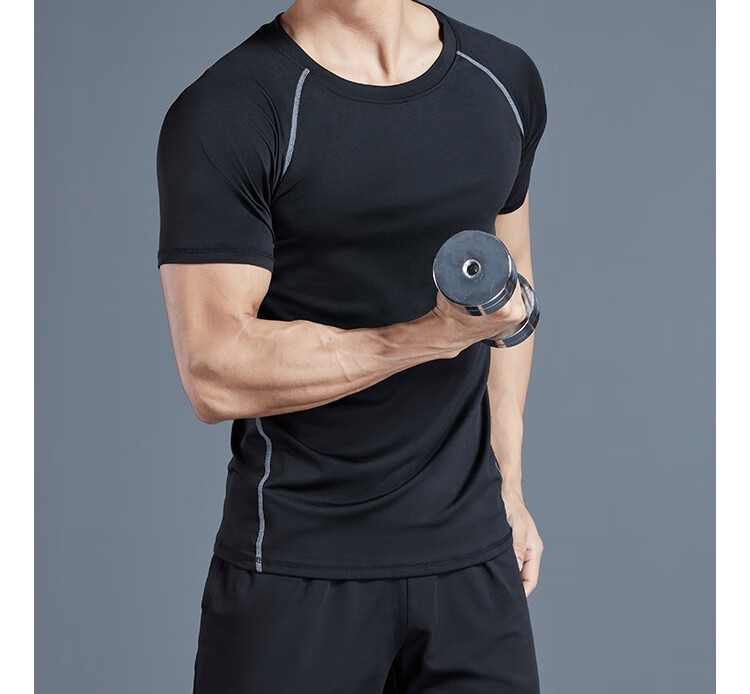 Fandimu Men's Sports Short-Sleeve T-Shirt, Fitness Tight-Fitting Quick-Dry Breathable Training Running Shirt, Black with Contrasting Lines, Size M 21