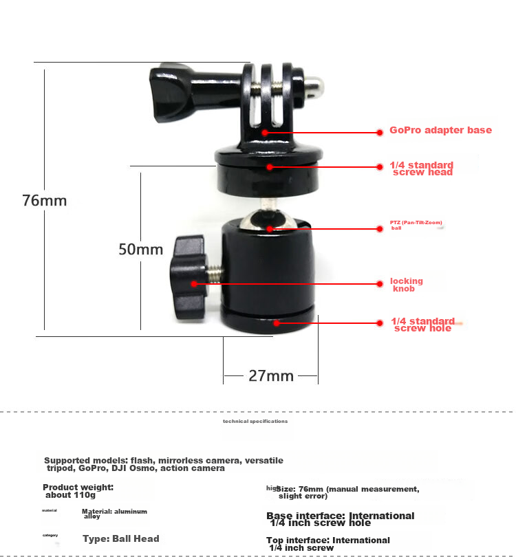 Earlymen EM-215 Mini Spherical Gimbal GoPro Adapter, Action Camera Mount Base, Portable Flash Stand Octopus Gimbal Bracket 1/4 2