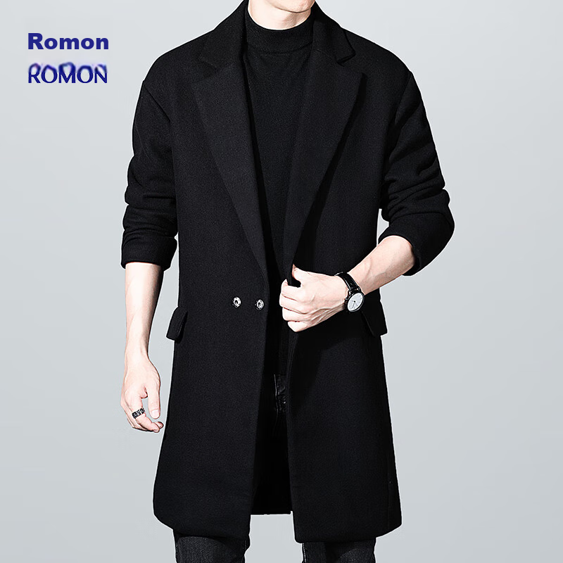 ROMON Men's Mid-Length Woolen Coat Autumn Winter Business Casual Warm Wool Overcoat 1929 Black S