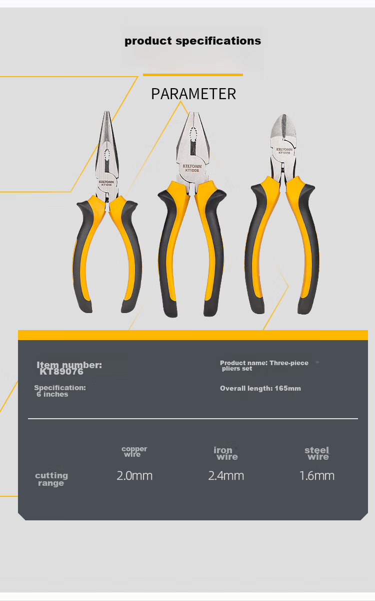 KELTONN Pliers Set of Three: 6-Inch Tiger Pliers, Needle-Nose Pliers, Diagonal Pliers, Side-Cutting Pliers, Wire Cutters Combination Household Tools 6