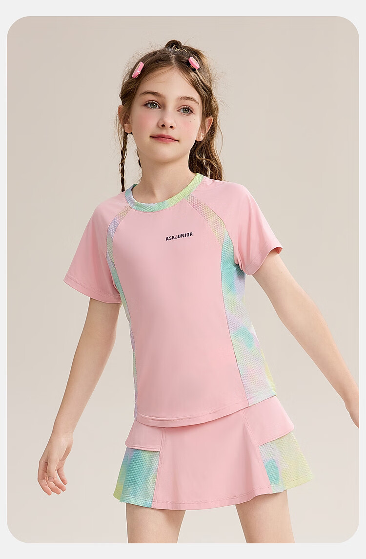 ASK JUNIOR Girls' Sports Set, Summer New Style, Lightweight Breathable Quick-Dry Short-Sleeve Top + Skirt, Ice-Cool Two-Piece Tennis Outfit 17