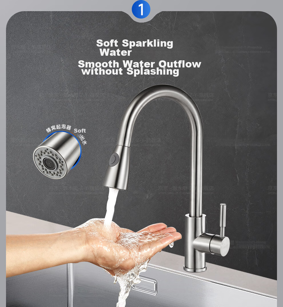 Submarine L3049 Pull-Out Faucet, Single-Hole Hot And Cold Sink Faucet with Two Water Flow Settings, Stainless Steel Brushed Sink Faucet 8