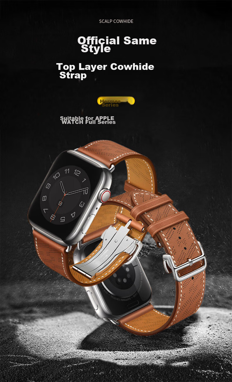 MSSM Compatible Apple Watch Band, Hermes Style IWatch S12 Genuine Leather Folding Buckle Strap, Ultra4/S11/10/Se3 Micro-Hole Light Brown, 44-49 4