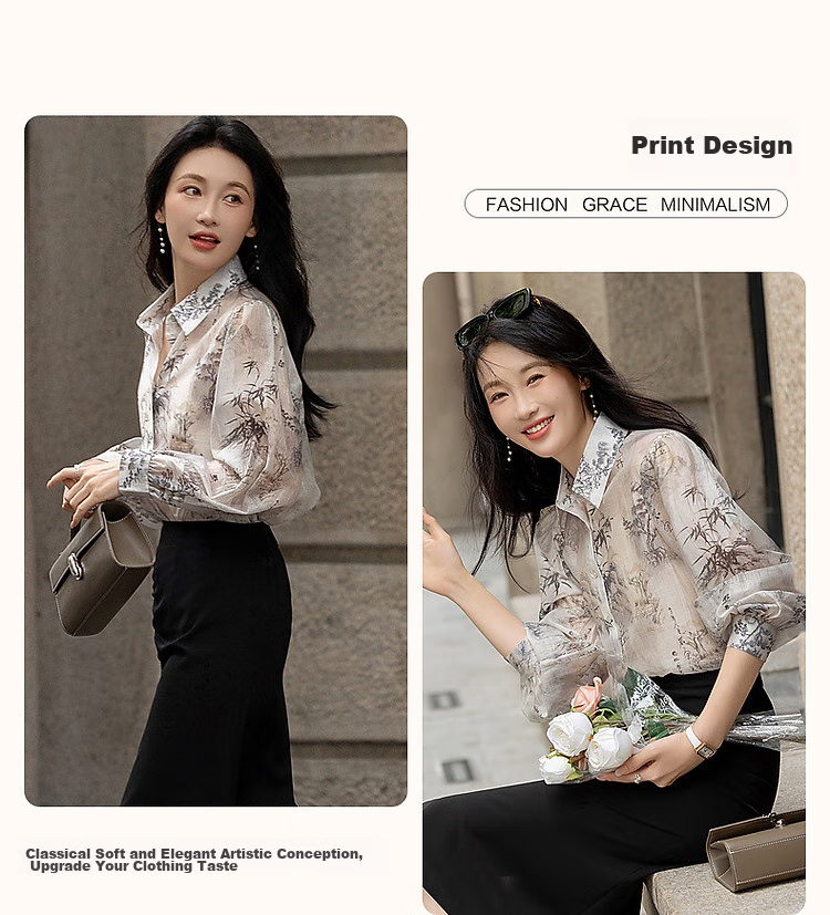 Dme [Tiansi Lianren] Autumn Chinese Style New Light-Weight Lyocell Blend Shirt, Printed Pleated Blouse, Women's Top 6