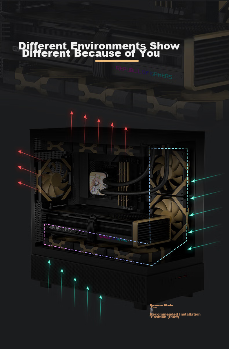 Golden Field Aierdun FZ-L12 Black Gold Anti-Rotor, Non-Glowing PWM Temperature Control, 12cm Desktop Case Cooling Fan, 7 Blades/Low Noise/High Efficient Heat Dissipation/Hydraulic Bearing 5
