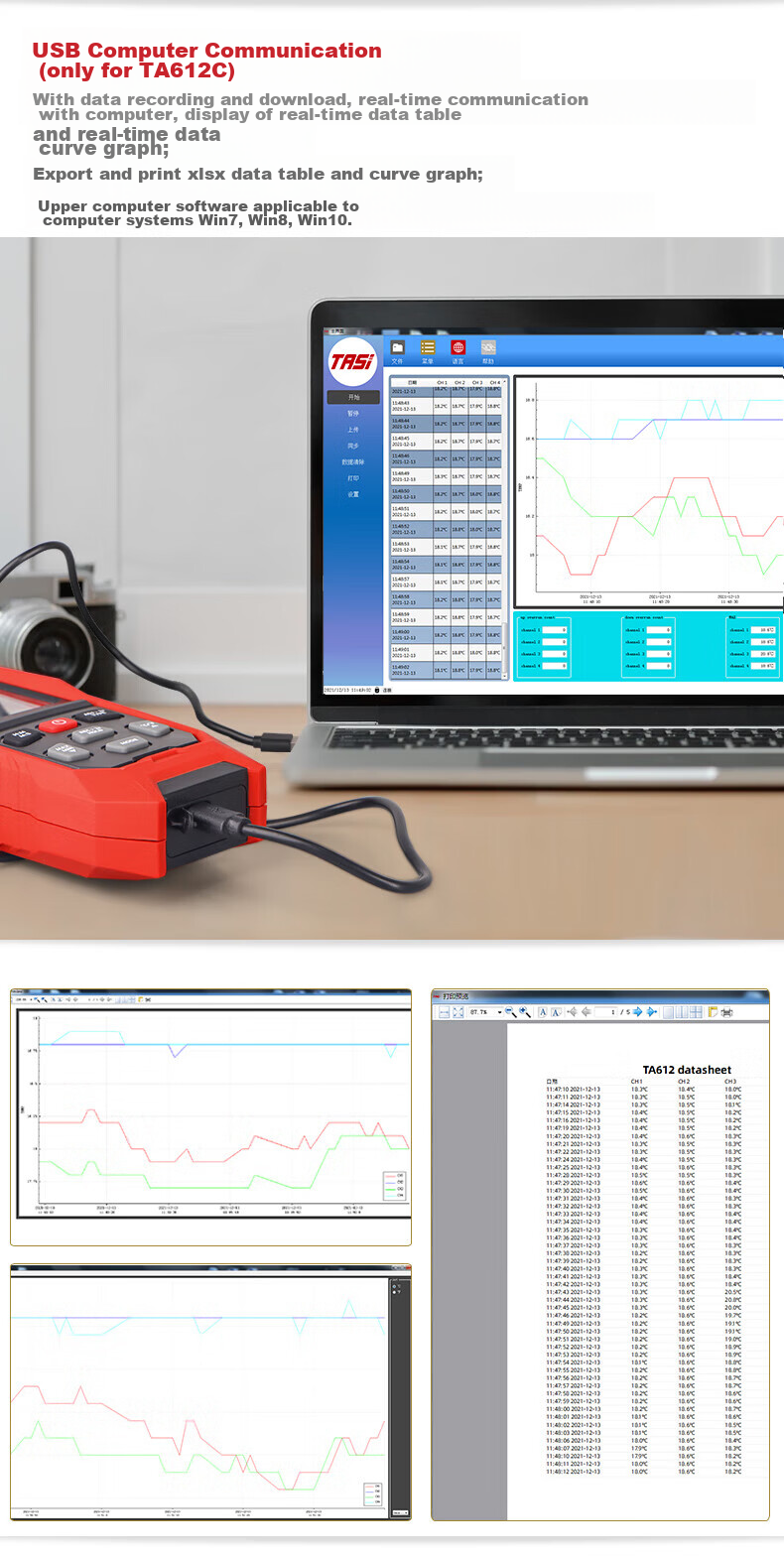 Teans Thermocouple Temperature Meter Multi-Channel Temperature Tester Recorder Contact Thermometer TA612C 7