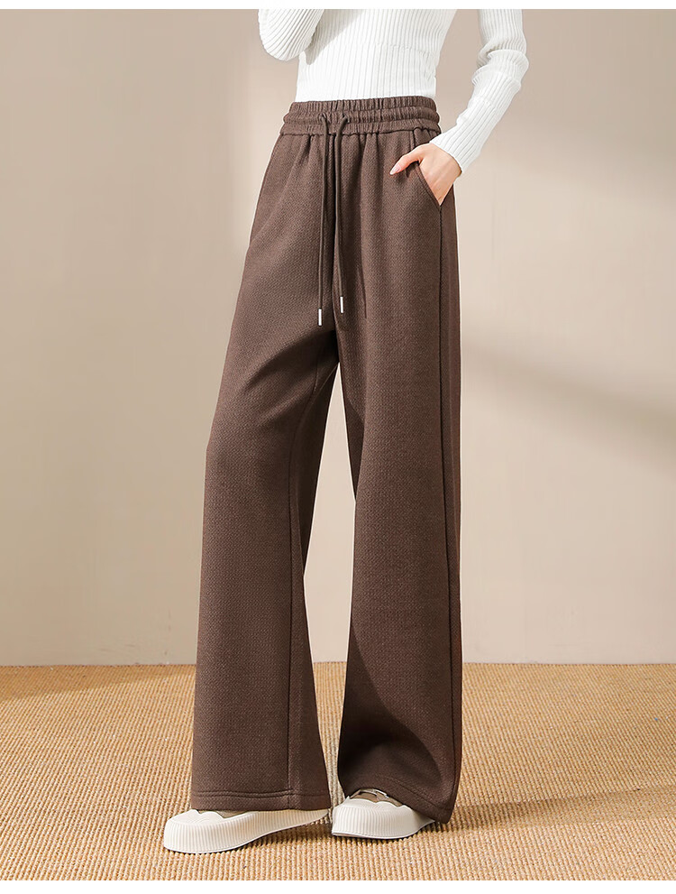 Dme Fleece-Lined Warm Maillard Style Autumn And Winter Simple Solid Color Versatile Straight-Leg Pants Women's Wide-Leg Trousers, Coffee Color, L 16