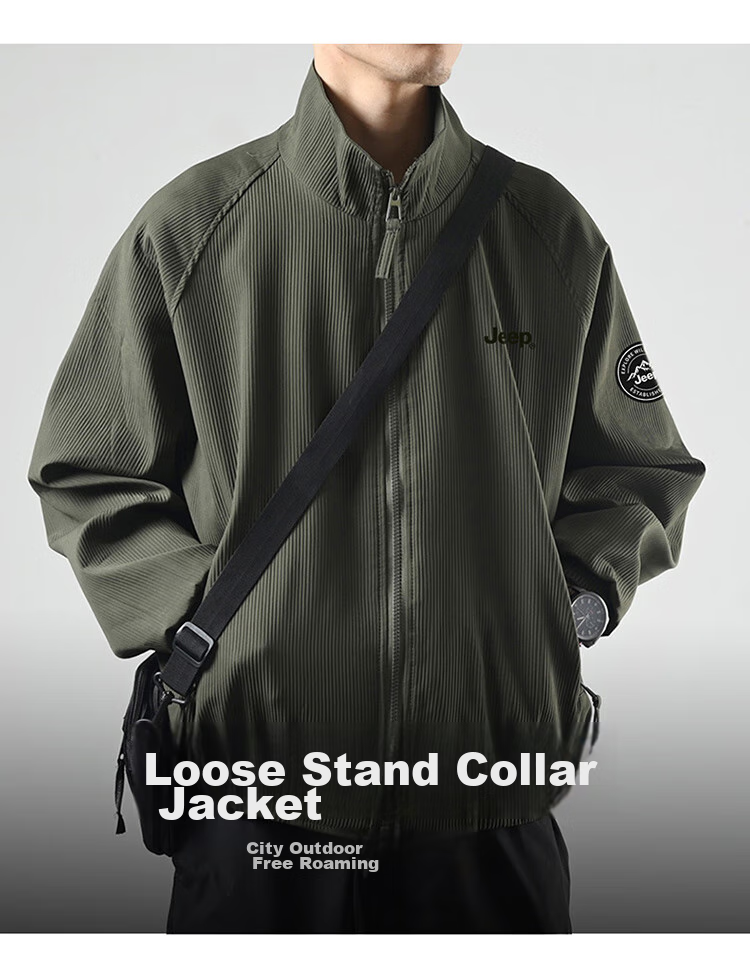 JEEP Men's Jacket, Spring And Autumn Outerwear, Loose-Fitting Trendy Stand-Collar Casual Clothing for Men, Army Green, 2XL 2