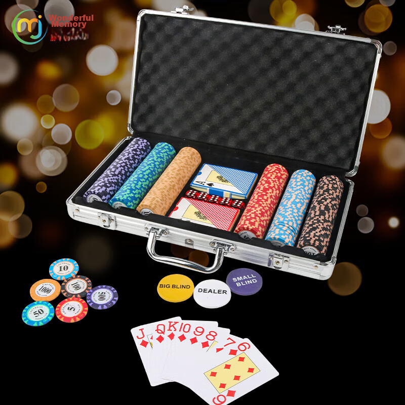 Miaoji Poker Chips Set with Texas Hold'em And Mahjong Tokens, 300 Pieces, Aluminum Box + 2 Decks of Cards MJ8253