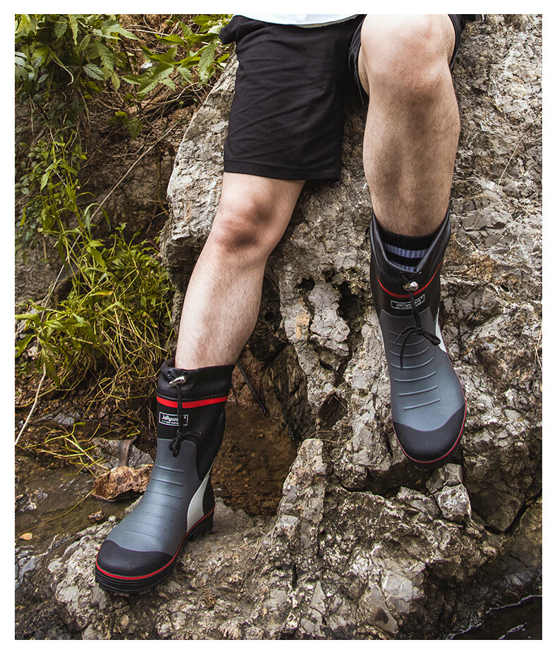 Jolly Walk Water Shoes, Rain Boots for Men, Mid-Calf Waterproof Fishing Boots, Rubber Overshoes, Galoshes JW219 Red And Black 45 8