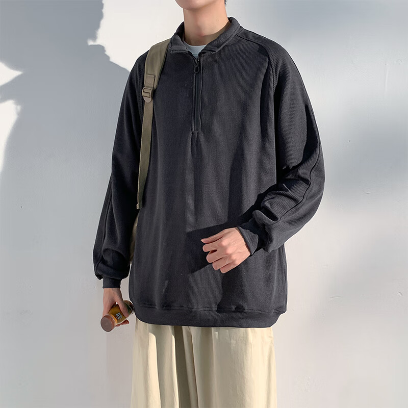 Homlean American-Style High-Quality Hoodie for Men, Autumn Loose-Fit Trendy Pullover Stand-Collar Half-Zip Base Layer HM06 Gray L
