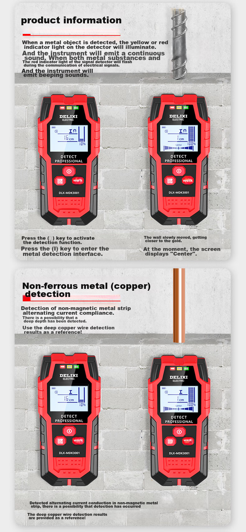 DELIXI ELECTRIC Multifunctional 4-in-1 Wall Detector Metal Circuit Wire Handheld Scanner Rebar Laser 5