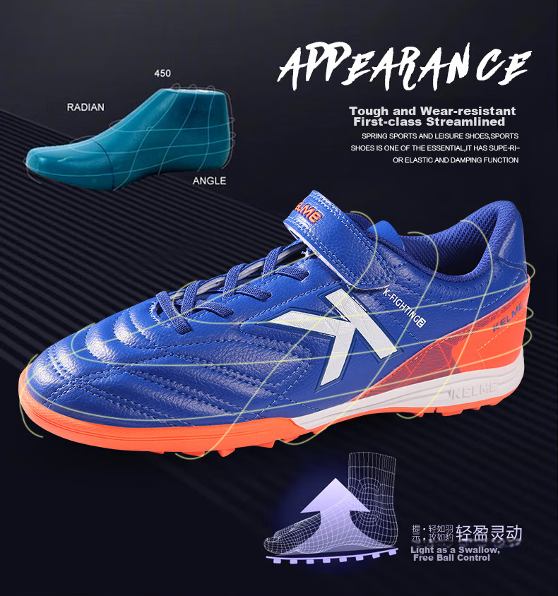 KELME Soccer Shoes, Youth TF Turf Cleats, Competition Student Non-Slip Wear-Resistant Football Boots for Men, Royal Blue/orange, Size 36 5