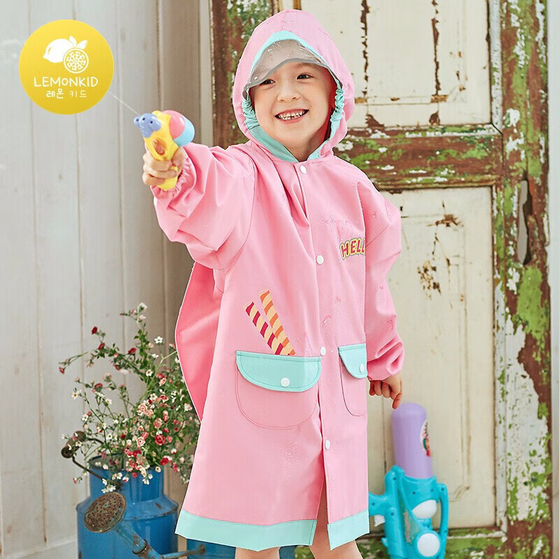 Lemonkid Children's Raincoat for Boys And Girls, Elementary School Students' Poncho with Backpack Space for School, Pink Cake, Size S