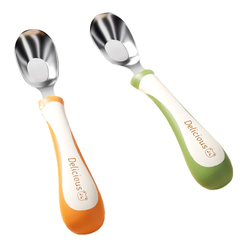 COOKSS Baby Spoon, Infant Yuanbao Spoon, Complementary Food Spoon, 316 Stainless Steel Children's Training Eating Soup Spoon, Tableware, Green Single Piece