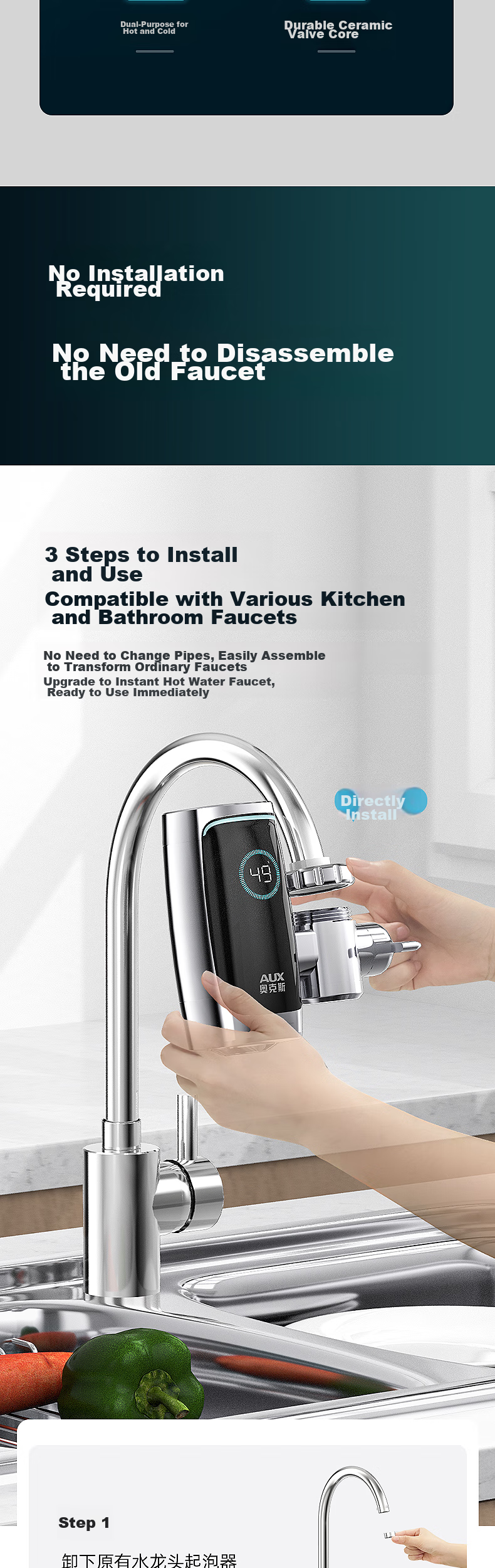 AUX Electric Instant Hot Water Faucet Fast Heating Household Instantaneous Water Heater No Installation Quick Heating Kitchen Small Electric Water Heater Hot and Cold Dual Use Flow Heating 2