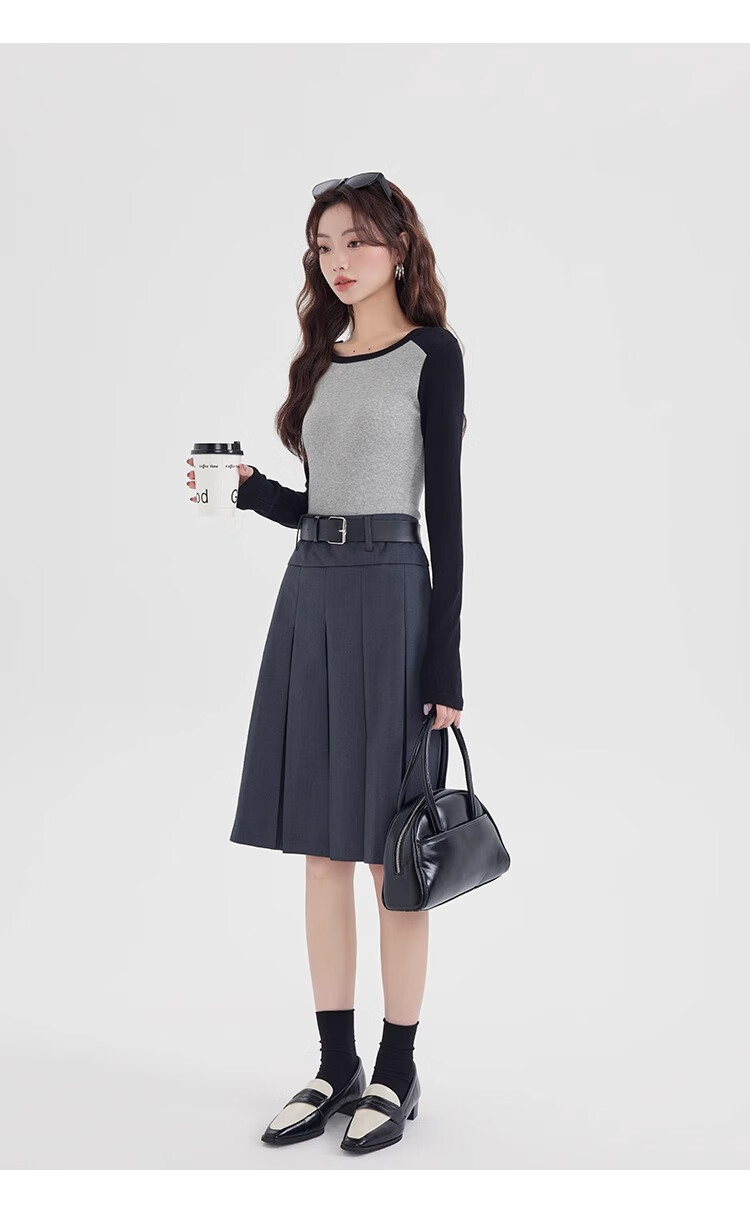 NOME Color Block Spliced Long Sleeve T-Shirt for Women, Autumn New Style Design Inner Layer Raglan Sleeve Top, Gray, L 19