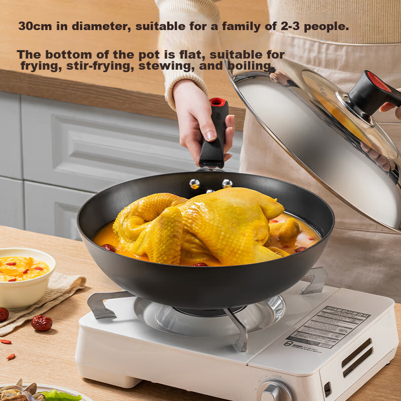 COOKER KING Iron Wok, Traditional 30cm Cast Iron Stir-Fry Pan, Compatible with Induction And Gas Stoves, C30D2