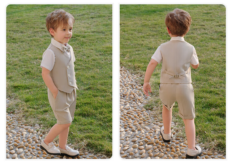 LUOBOBEIBEI Children's Suit, Korean-Style Vest And Shorts Set, Boys' Festive Outfit for Visiting Elders, Khaki Four-Piece Set, Size 140 3