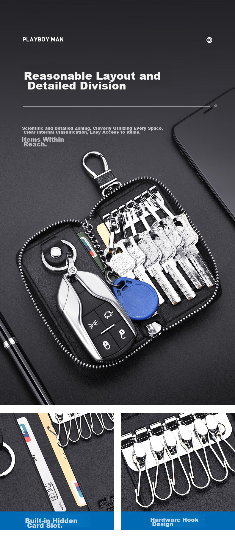 PLAYBOY Men's Key Case, Multifunctional Storage Card Holder, Protective Cover, Simple Home Key Pouch, Birthday Gift 3