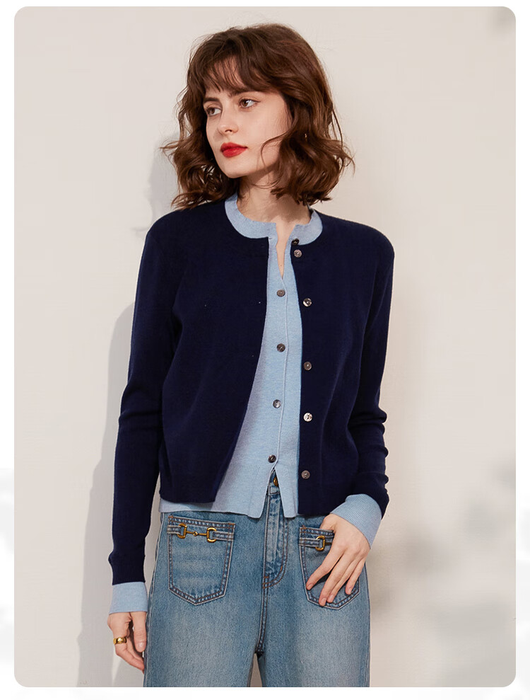 LOUISYAO Spring Autumn Two-Piece Colorblock Knit Round Neck Single-Breasted Long Sleeve Cardigan Women Navy Blue with Blue Patchwork 1 XL 11