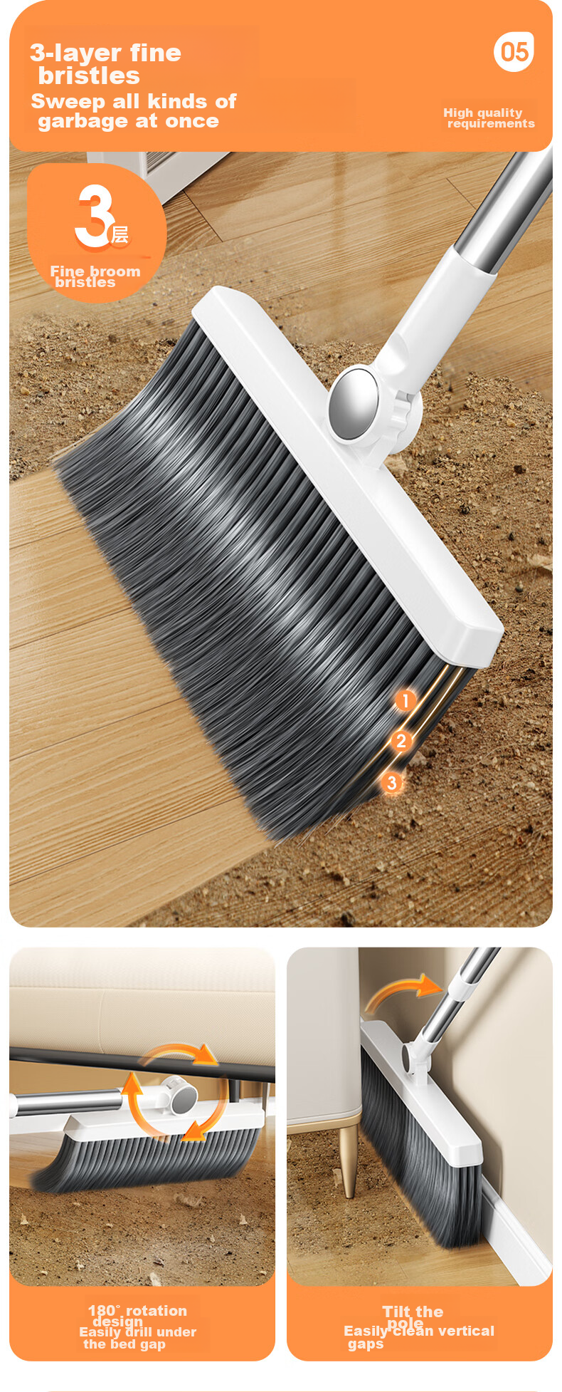 Jieshibao Broom And Dustpan Set for Home Use, 2024 New Model Sweeping Broom Set with Automatic Combination Garbage Bin, Three-Piece Set 7