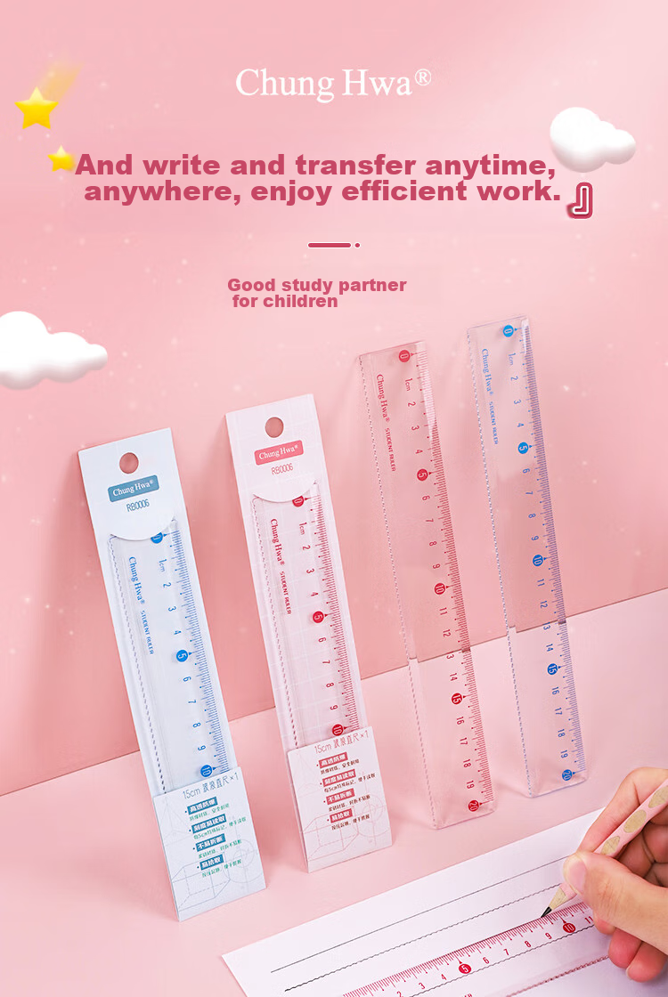 Zhonghua (Chung Hwa) Explosion-Proof, Wear-Resistant, High-Precision Plastic Straight Ruler, 20cm Multiple Sizes, Student Ruler for Drawing And Measurement, Scribing Ruler, Wave Straight Ruler, High Transparency Acrylic, RB0007 Pink 1
