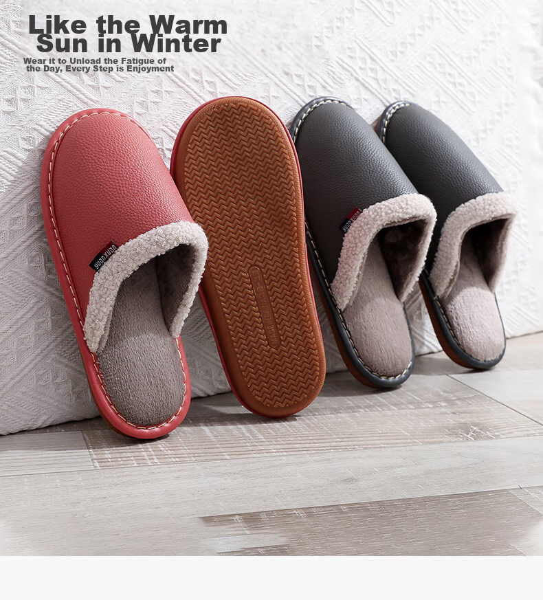 GUOLUOFEI Waterproof PU Leather Cotton Slippers for Men And Women, Winter Outdoor Wear Non-Slip Indoor Maternity Shoes Home Cotton Shoes, Black, Size 44/45 1