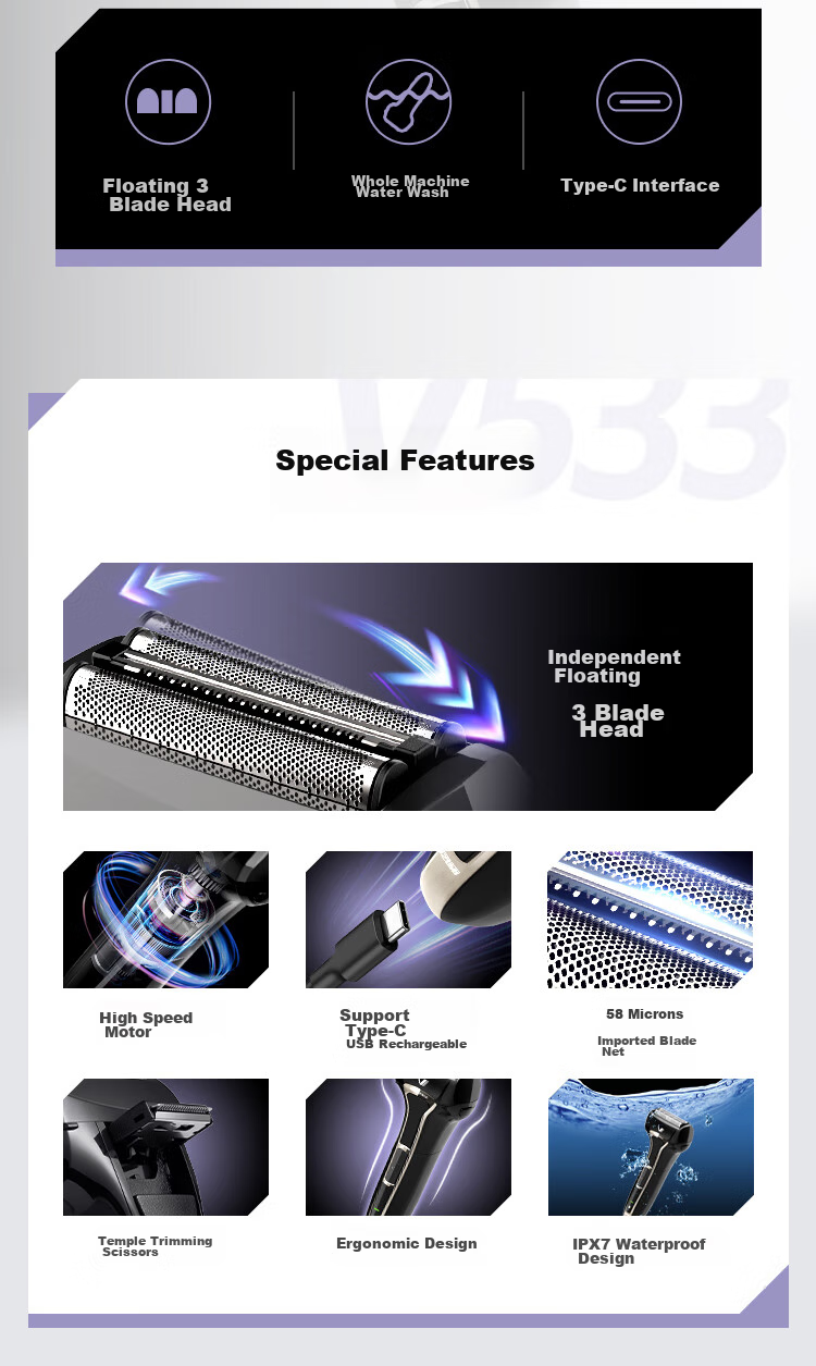 IZUMI Electric Shaver V743R Waterproof Durable 4-Blade Imported Razor with Sideburn Trimmer for Outdoor Use Gift for Boyfriend Husband Father 2