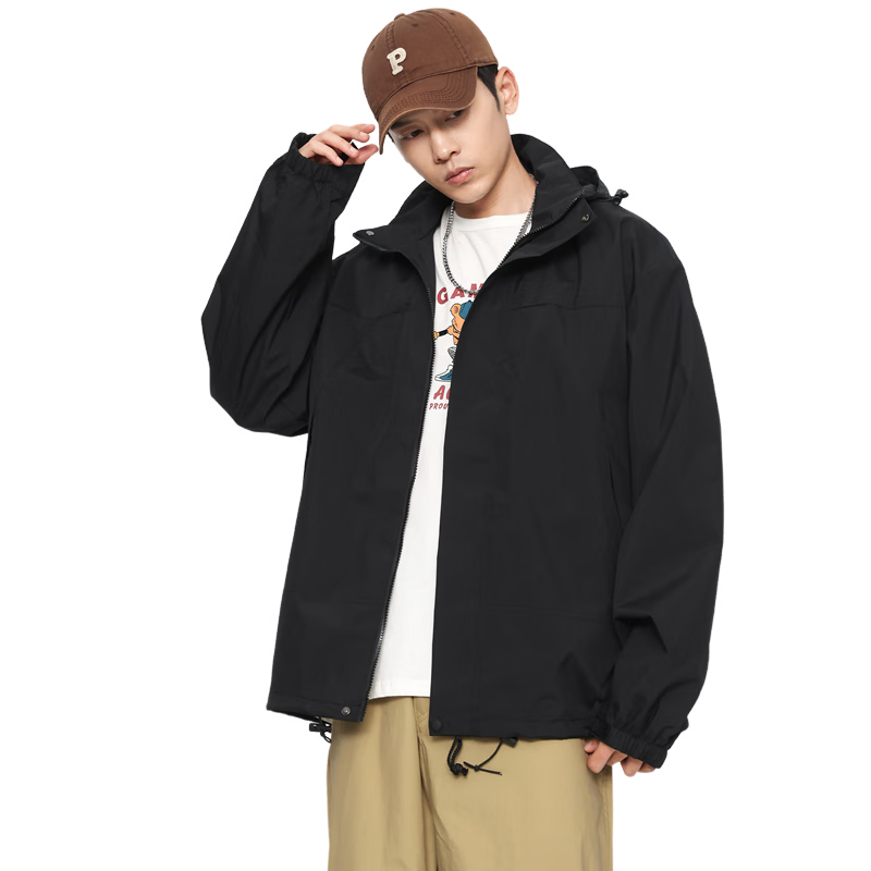 Mianzhi Windbreaker Jacket for Men And Women, Autumn Windproof Hooded Outdoor Sports Coat, Black, 2XL