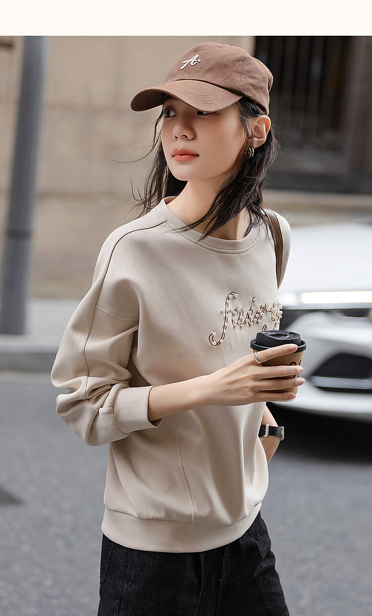 Dme [350G Air Layer] Spring Fashion Round Neck Beaded Letter Embroidery Loose-Fitting Fitted Sweatshirt Women's Top 16