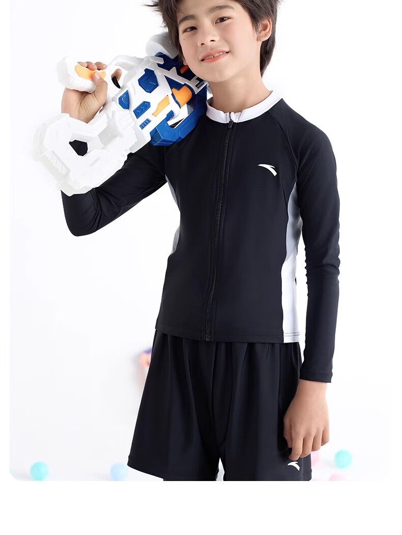 ANTA Children's Two-Piece Swimsuit, 2024 Summer New Style, Boys' Swimwear, Square-Leg Swim Trunks, Long-Sleeve Hot Spring Bathing Suit, Blue, Size 130 18