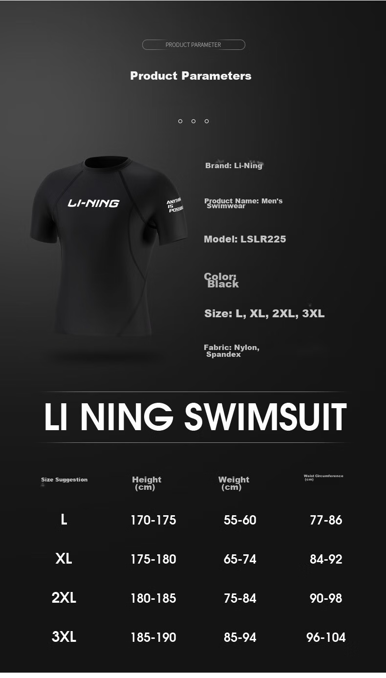 Li-Ning Men's Short-Sleeve Swimsuit, Anti-Embarrassment Swimwear for Hot Springs And Surfing, LSLR225 Short-Sleeve Black, XXL 6