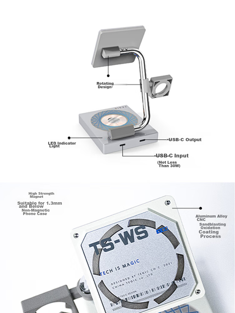 TEGIC TS-WS Black Three-In Wireless Charger, Wireless Charging Stand, Compatible with IPhone/Android Phones, Earphones, Smartwatches, Wireless Charging 16