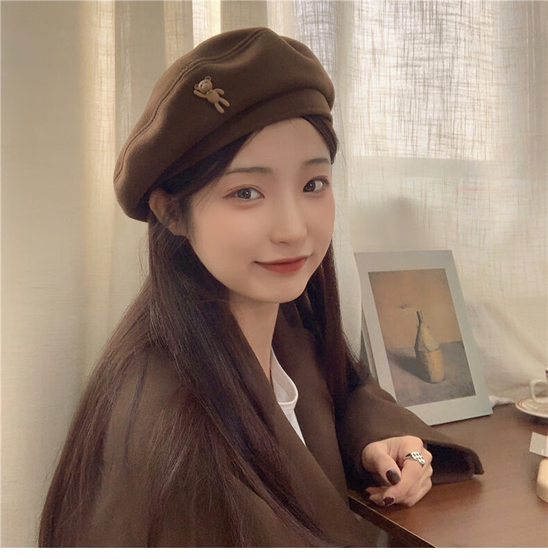 XUEXIMAN Japanese Vintage Cartoon Bear Brown Wool Beret Women's Fashionable Elegant Painter Hat 11