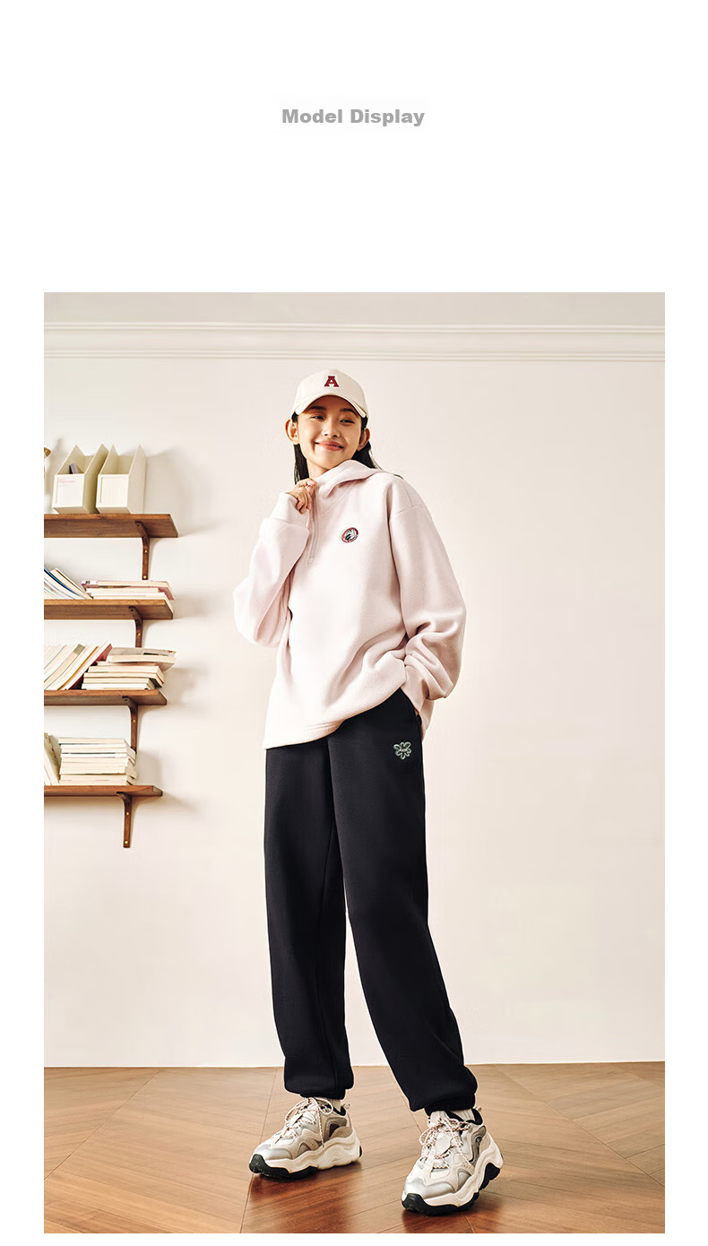 ANTA Snow Owl Fleece-Lined Knit Jogger Pants Women's Winter Casual Warm Trousers College Sports Pants 45