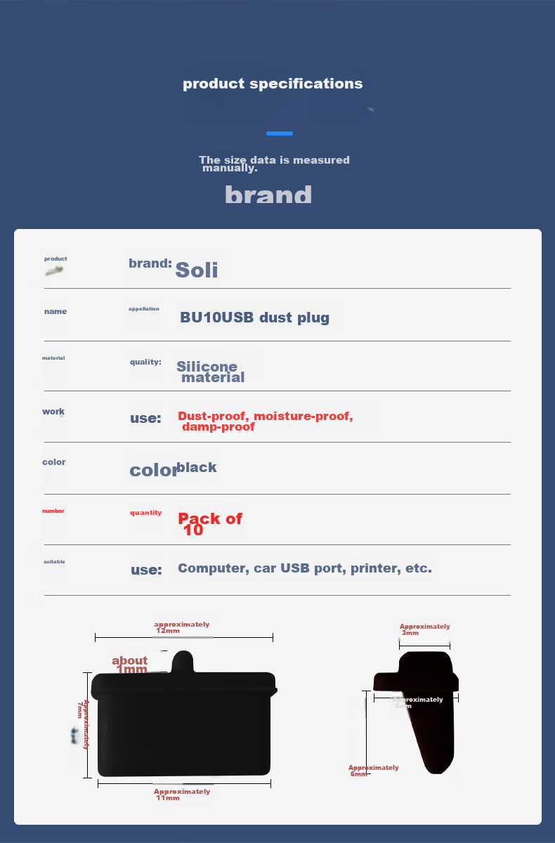 Suoli USB Dust Plug, USB Sealing Plug, USB Port Protector, Laptop USB Dust Cover, Removable Silicone Material, Black (Pack of 10) BU10 2