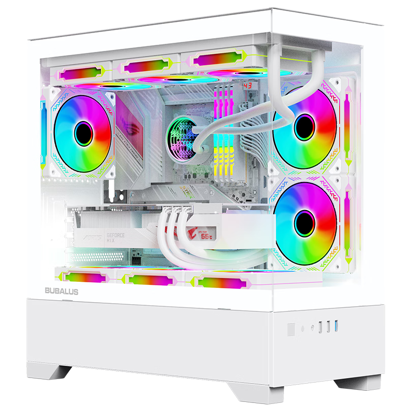 BUBALUS Illusion White, Pillarless Panoramic View Computer Case (360mm Water Cooling Support / Full-View Tempered Glass / Supports 5-Slot M-ATX Motherboard / Long Graphics Card)