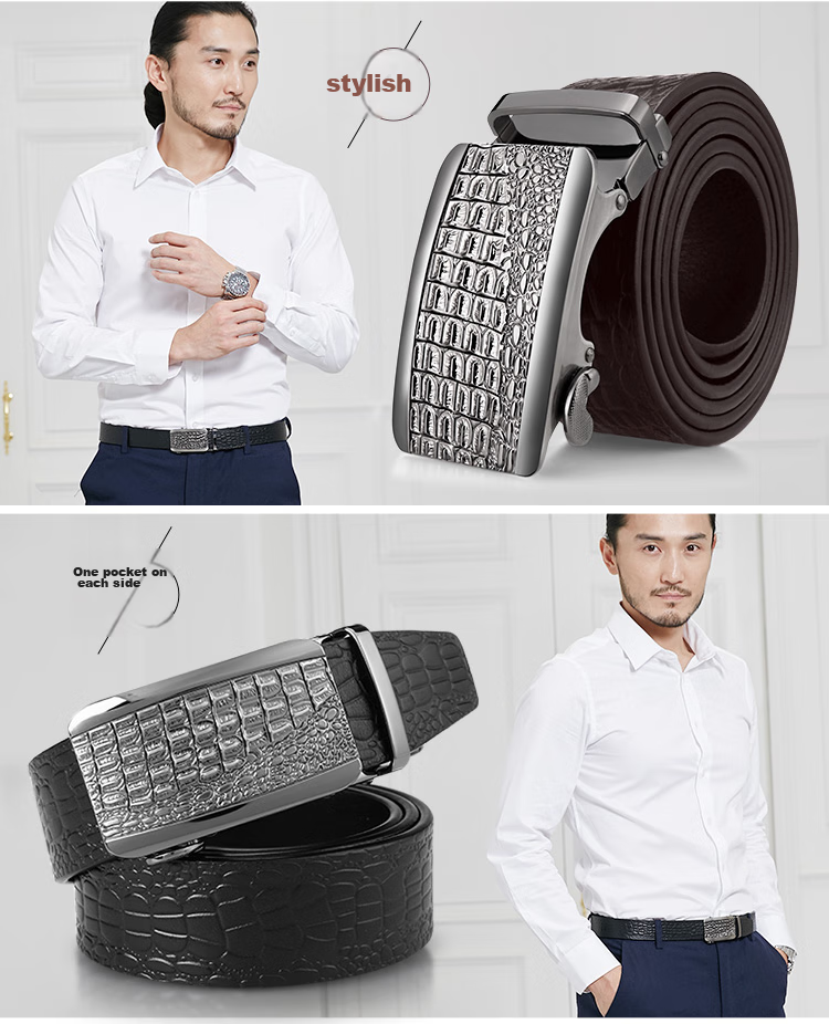 Cattlesboss Men's Leather Belt with Automatic Buckle, Alligator Pattern Business Belt 7075 Gift Elegant Black 110cm 5
