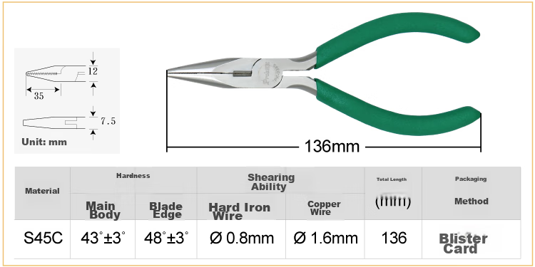Pro'sKit (Pro’skit) 1PK-036S Non-Slip Green Handle Titanium Gold Toothed Needle-Nose Pliers (136mm) 3