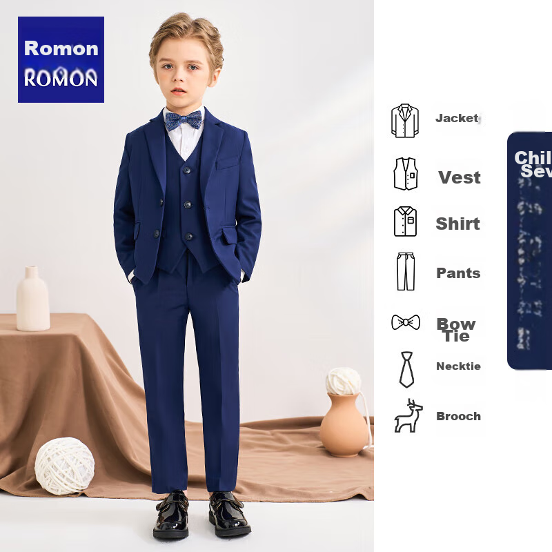 Luomeng Children's Suit Vest Set, Boys' Flower Boy Host Formal Wear, Boys' Piano Performance Costume, Navy Blue, Size 130