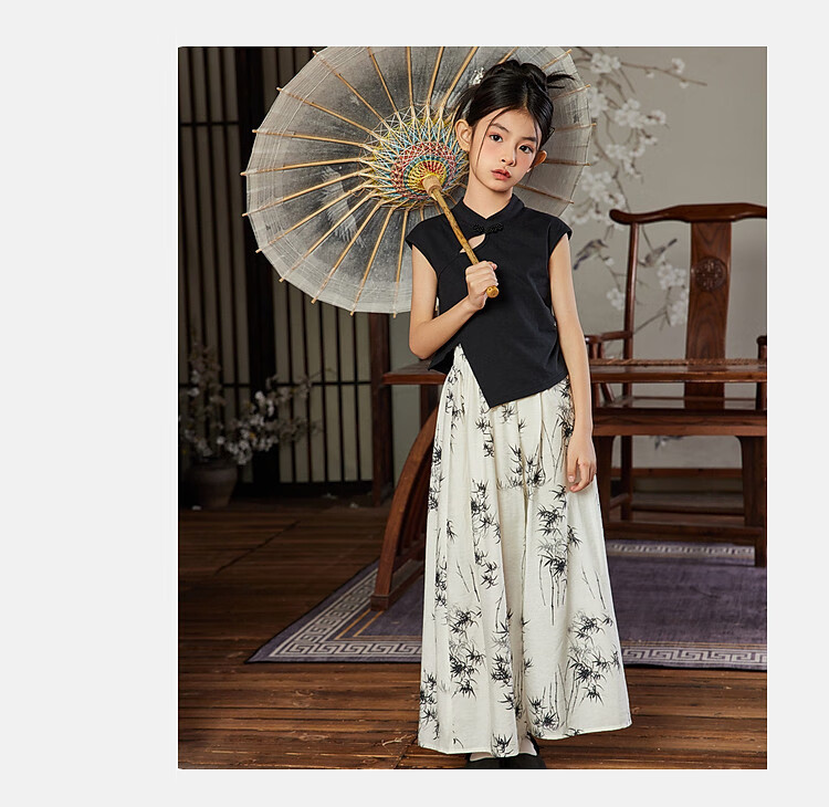 ASK JUNIOR Girls Summer Hanfu Set Chinese Style T-Shirt and Printed Long Pants for Older Kids 10