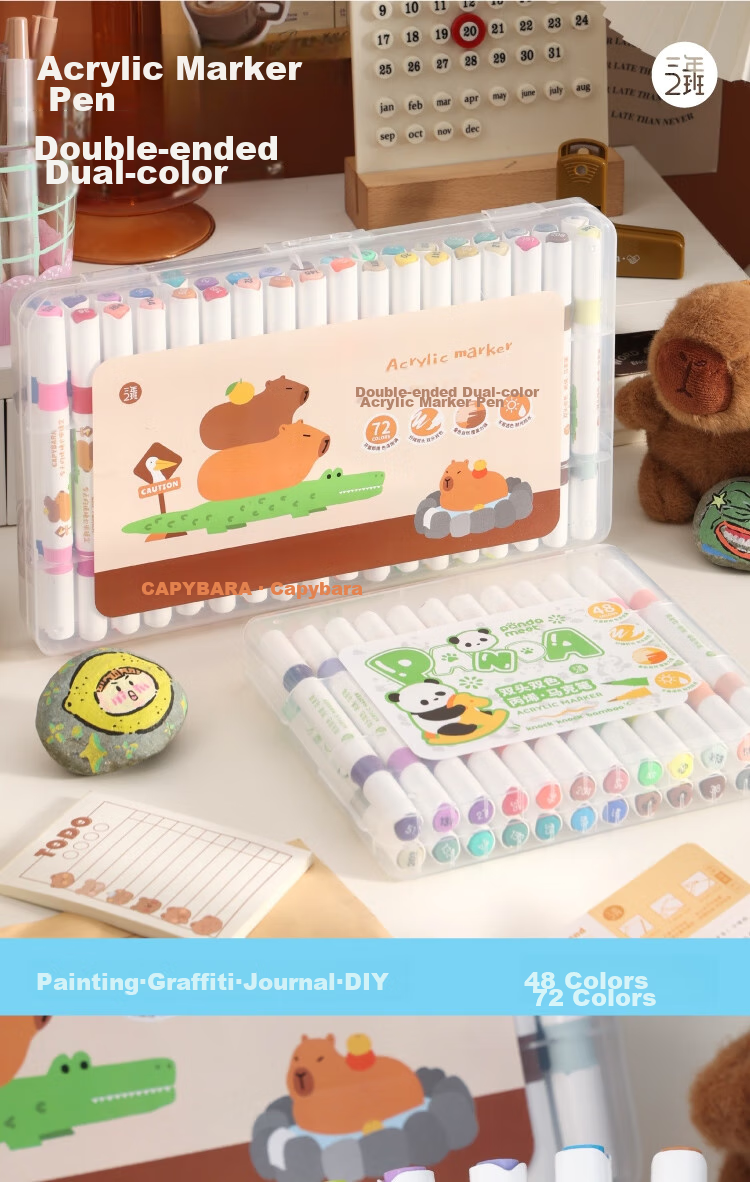 Sannianerban Panda 48-Color Dual-Tip Acrylic Markers, Children's Kindergarten Soft Tip Oil-Based Watercolor Pens, Drawing Pens, Washable Colored Pens, Birthday Graduation Gift Stationery New Year's Day Festival 48 Colors 1