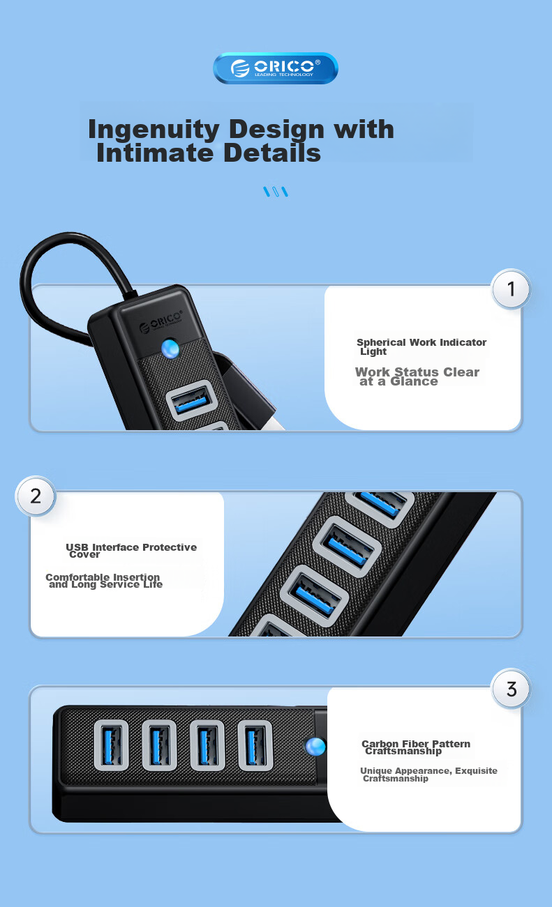 ORICO USB Hub Splitter, MINI HUB with One-To Expansion Dock Adapter, Laptop Direct Plug-In Hub, Multi-Port USB Hub, Gray 11