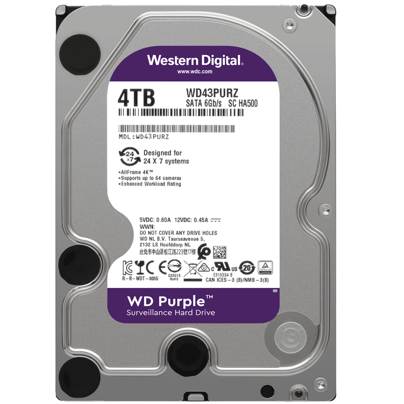 Western Digital (WD) 4TB Surveillance Mechanical Hard Drive, WD Purple, SATA, 256MB CMR Vertical, Security Storage, 3.5-Inch, WD43PURZ