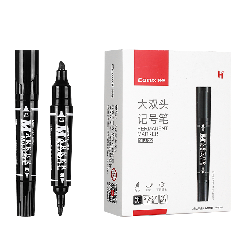 COMIX Quick-Drying Dual-Tip Marker Pen, Black, Oil-Based Fast-Drying Line Pen, Pack of 10, MK832